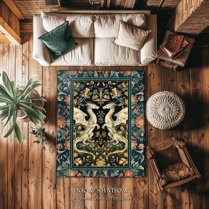 Antique Victorian Gothic Aesthetic Dragon Art Nouveau Rug | Whimsigoth Bedroom Fantasy Medieval Folklore Mythical Forestcore Enchanted Decor