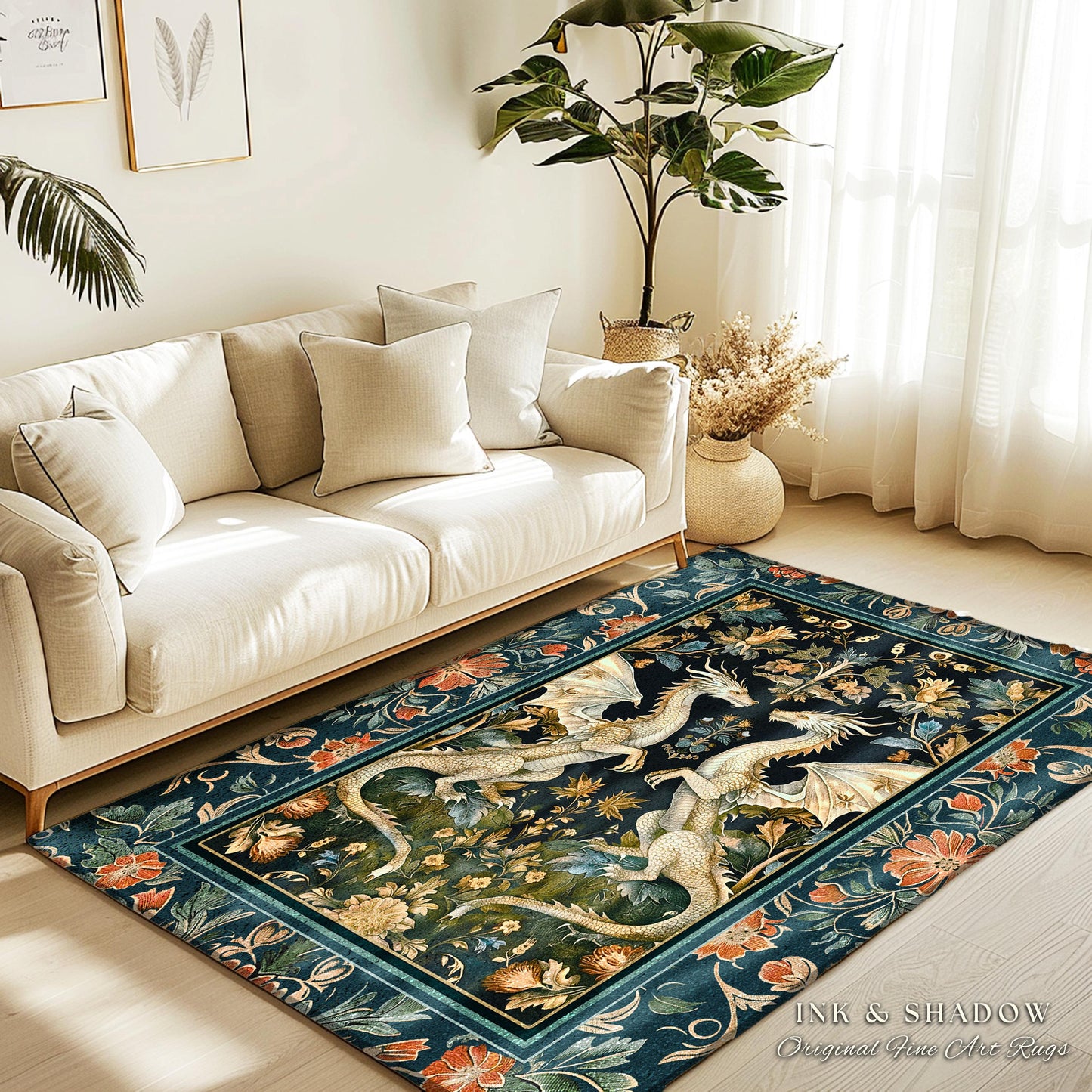 Antique Victorian Gothic Aesthetic Dragon Art Nouveau Rug | Whimsigoth Bedroom Fantasy Medieval Folklore Mythical Forestcore Enchanted Decor