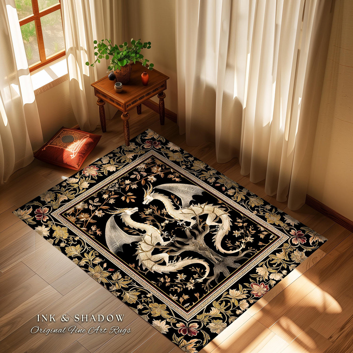 Ethereal Dragon Lover Rug Magical Fantasy Gothic Decor | Enchanted Artful Gift Fairytale Mystical Magic Dark Academia Whimsigothic Floor Art