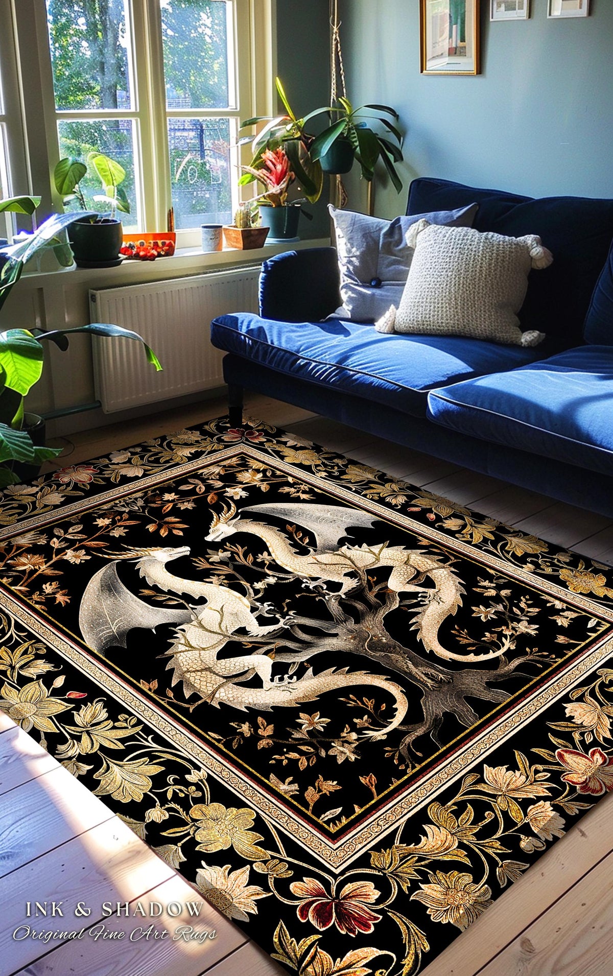 Ethereal Dragon Lover Rug Magical Fantasy Gothic Decor | Enchanted Artful Gift Fairytale Mystical Magic Dark Academia Whimsigothic Floor Art