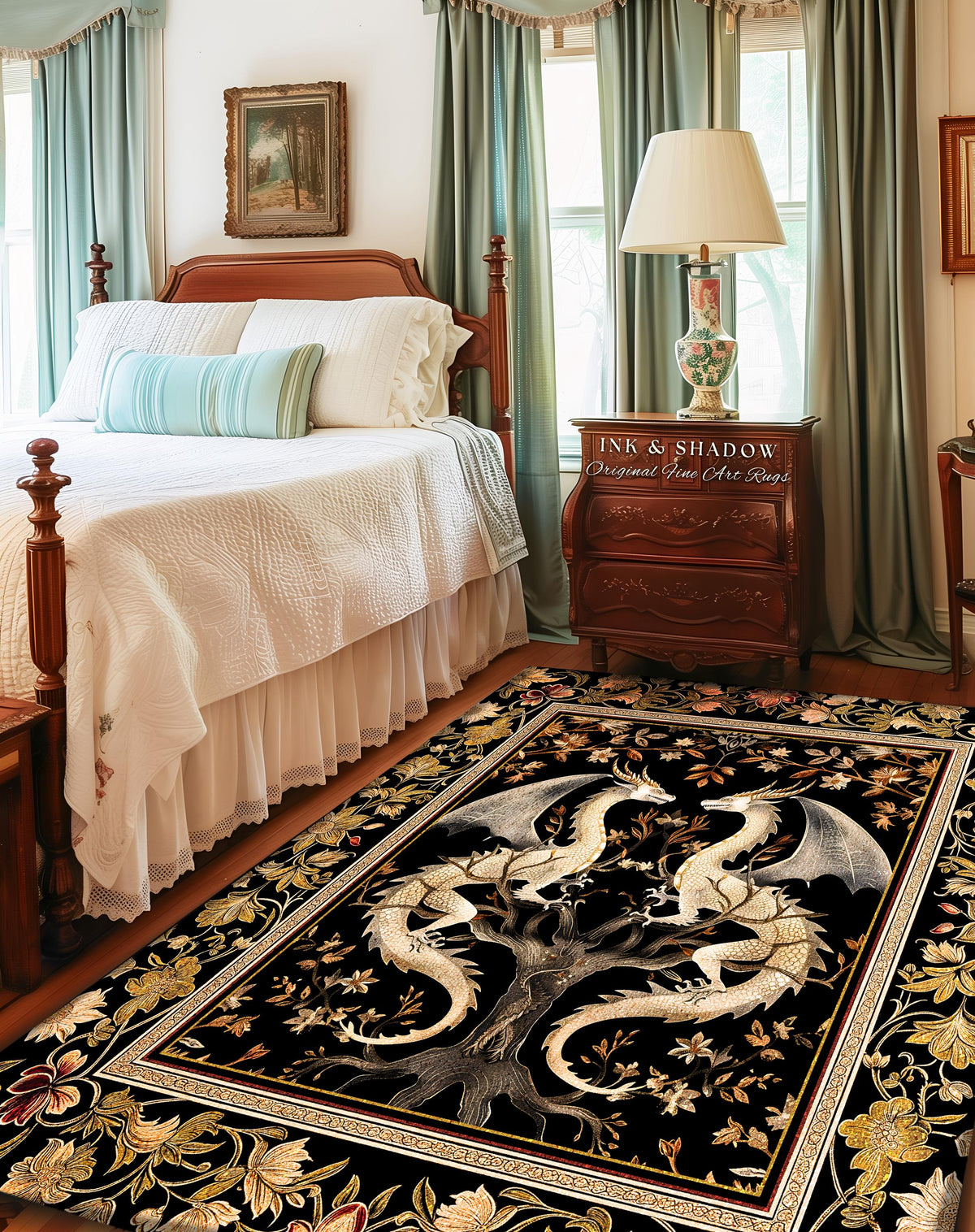 Ethereal Dragon Lover Rug Magical Fantasy Gothic Decor | Enchanted Artful Gift Fairytale Mystical Magic Dark Academia Whimsigothic Floor Art