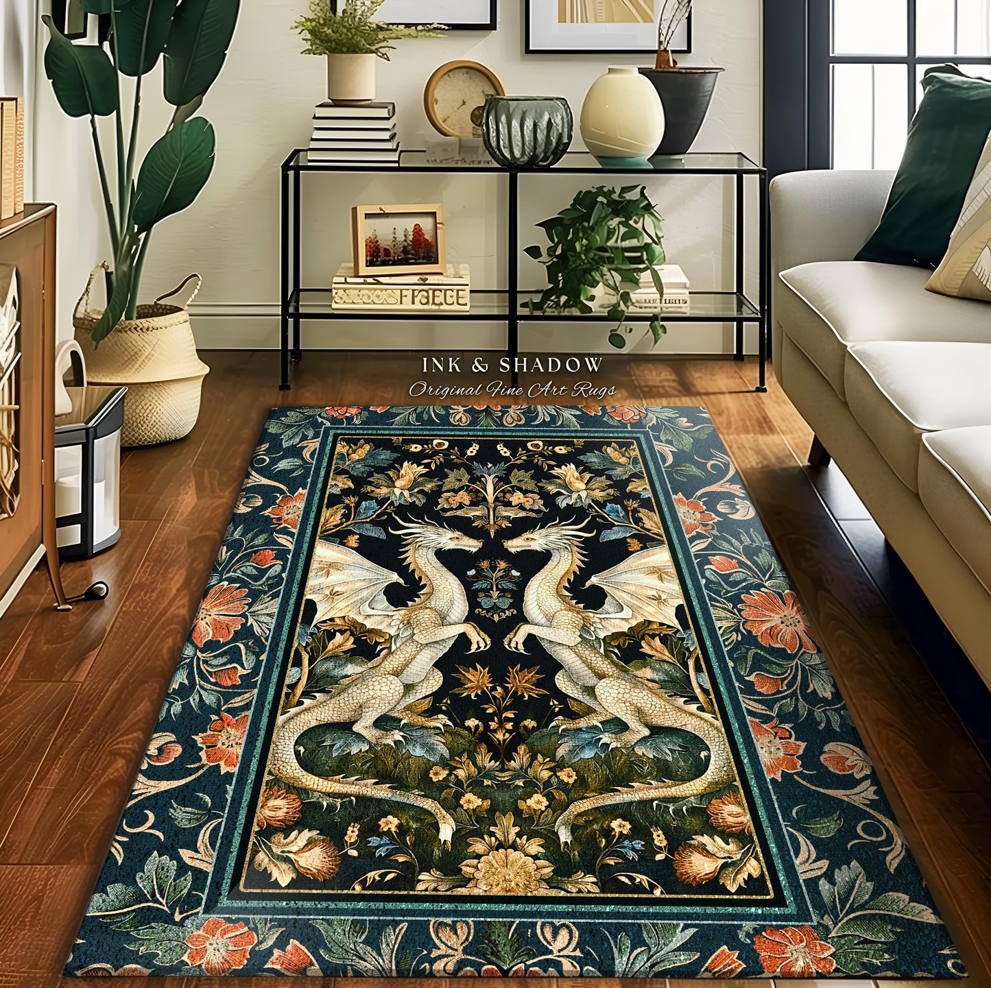 Antique Victorian Gothic Aesthetic Dragon Art Nouveau Rug | Whimsigoth Bedroom Fantasy Medieval Folklore Mythical Forestcore Enchanted Decor