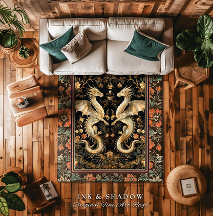 Fantasy Inspired Dragon Rug Victorian Gothic Decor | Enchanted Medieval Dragon Lovers Light Academia Mystical Mythological Whimsigothic Art