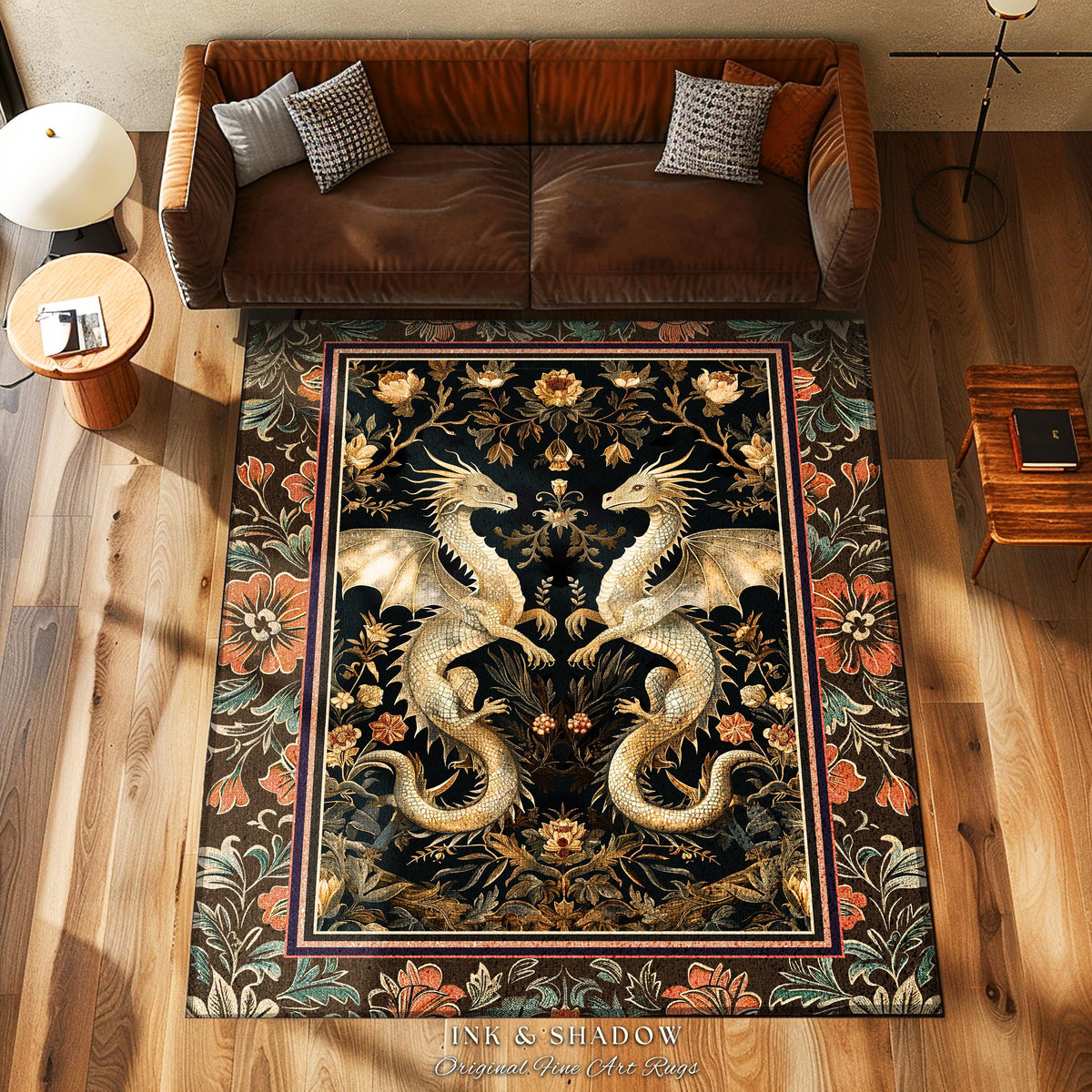 Fantasy Inspired Dragon Rug Victorian Gothic Decor | Enchanted Medieval Dragon Lovers Light Academia Mystical Mythological Whimsigothic Art