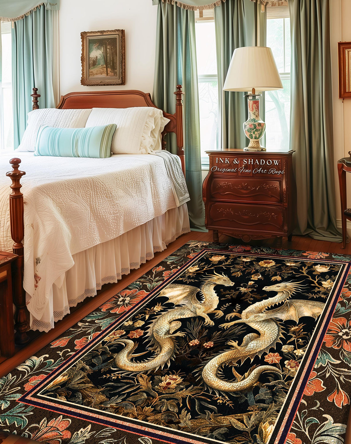Fantasy Inspired Dragon Rug Victorian Gothic Decor | Enchanted Medieval Dragon Lovers Light Academia Mystical Mythological Whimsigothic Art