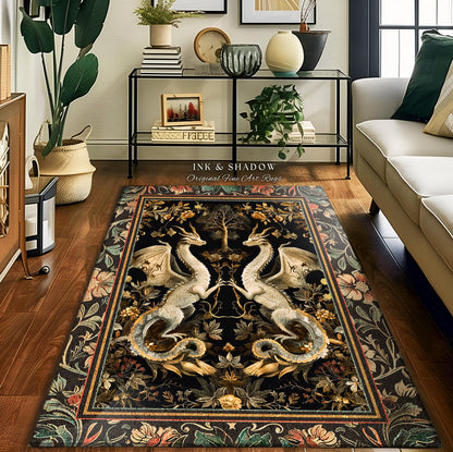 Fantasy Inspired Dragon Rug Victorian Gothic Decor | Enchanted Medieval Dragon Lovers Light Academia Rug Whimsigothic Fantasy Art Mystic Rug