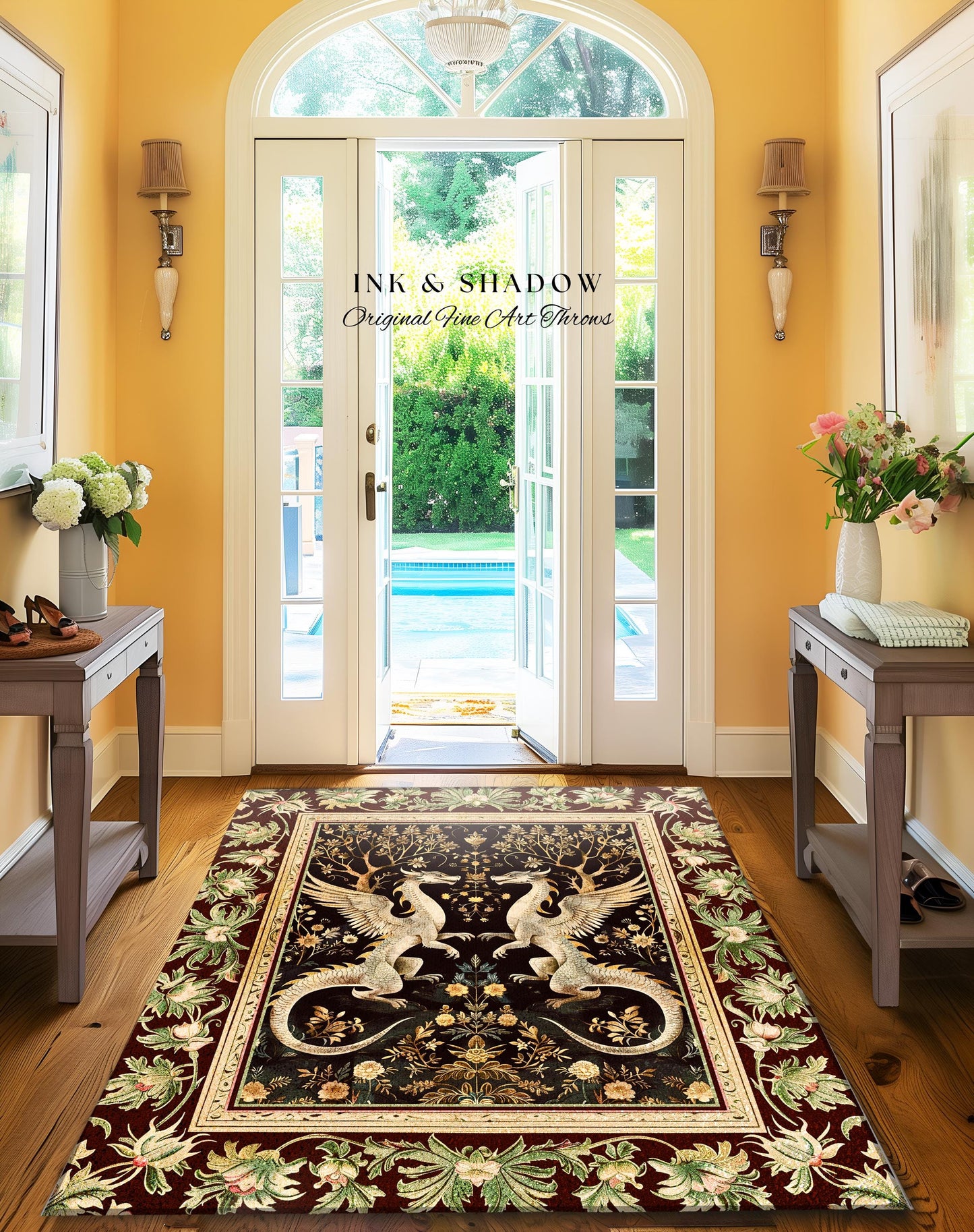 Dark Whimsy Dragon Lovers Rug Fantasy Decor | Enchanted Aesthetic Fairycore Gifts Mythical Decorative Fairy Tale Mystical Creature Floor Art