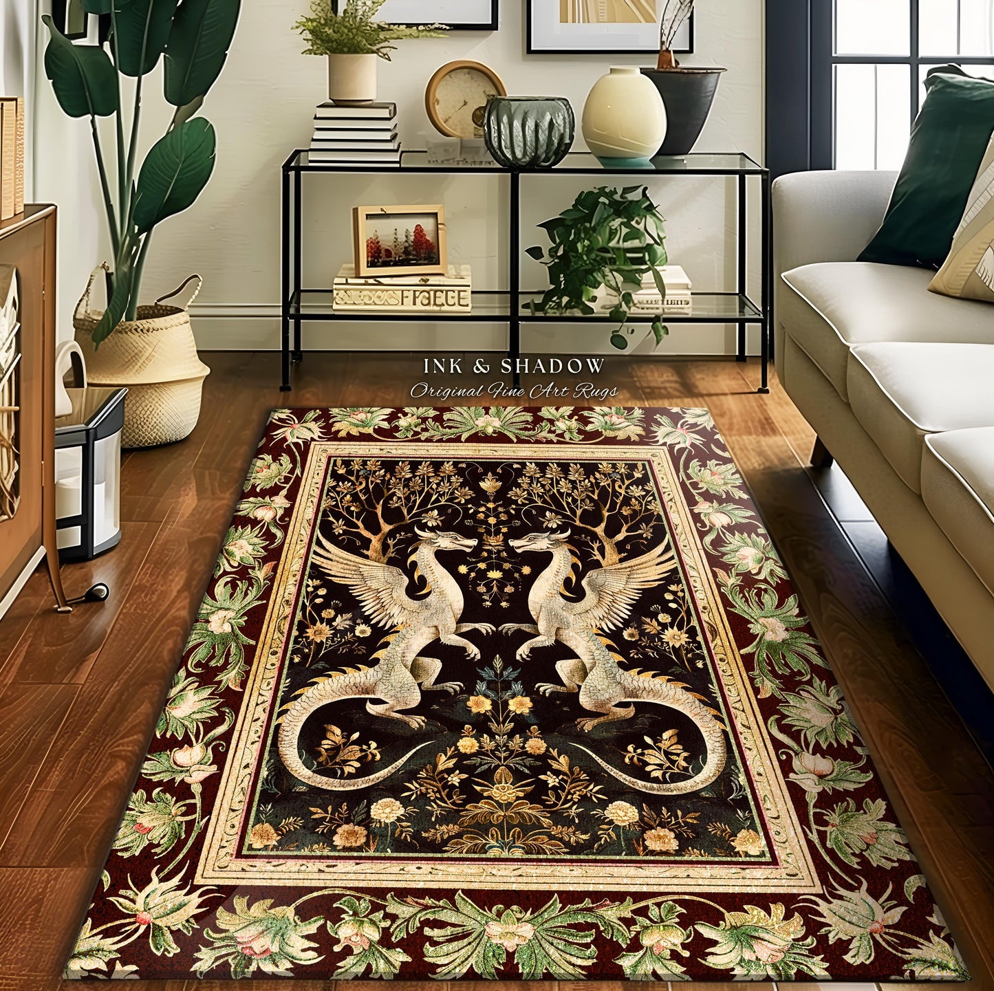Dark Whimsy Dragon Lovers Rug Fantasy Decor | Enchanted Aesthetic Fairycore Gifts Mythical Decorative Fairy Tale Mystical Creature Floor Art
