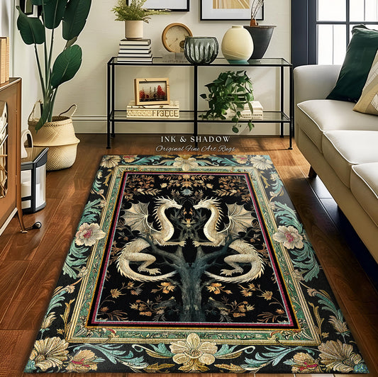 Floral Fairycore Fantasy Cottagecore Dragon Lover Ornate Woodland Gothic Rug | Enchanted Forest Whimsigothic Art Medieval Baroque Home Decor