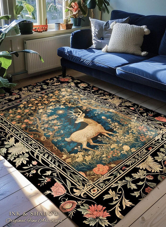 Forest Spirit Mystic Deer Rug | Cottagecore Room Decor William Morris Inspired Forest Aesthetic Fairycore Boho Bedroom Rug Ethereal Deer