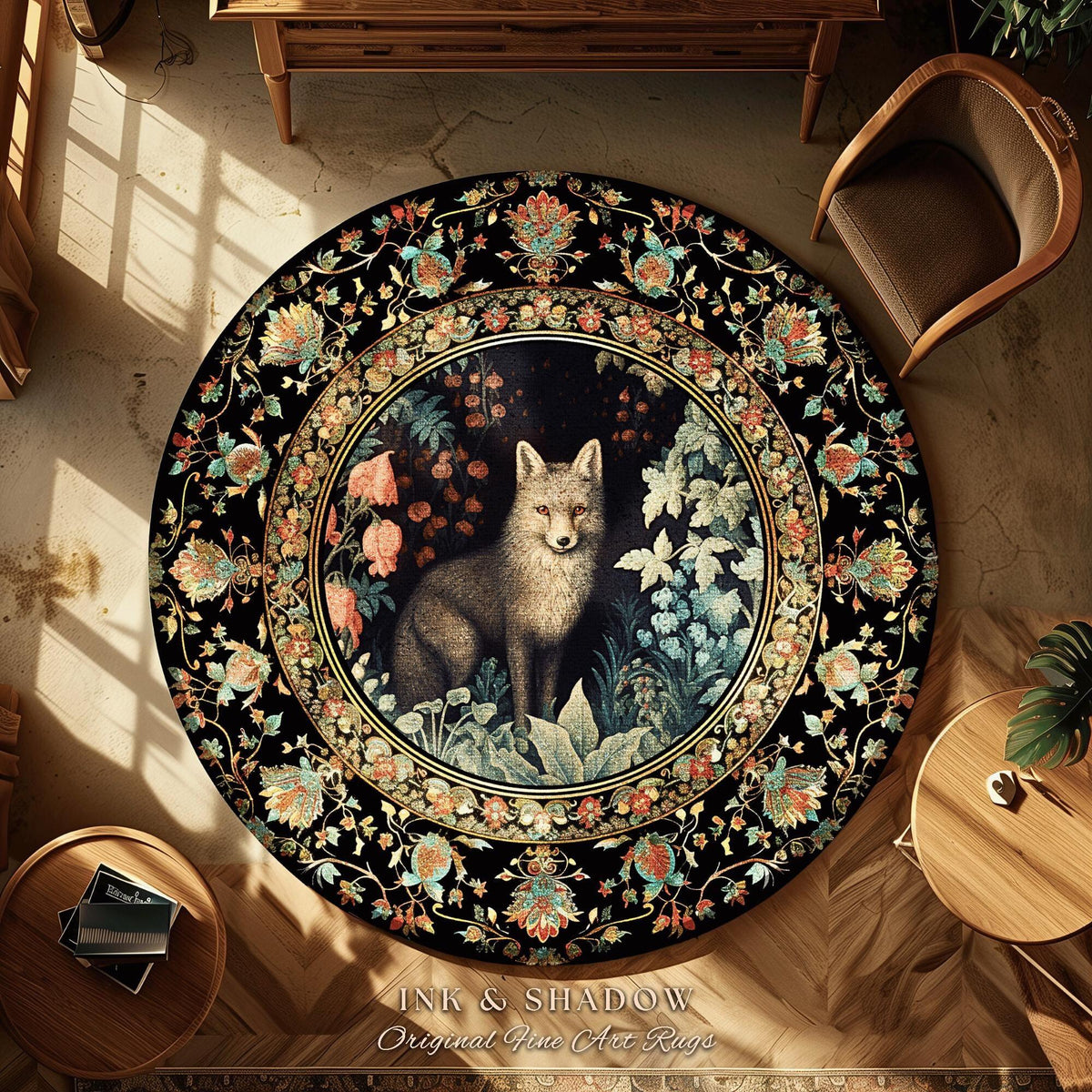 May include: Round black area rug with a central image of a fox surrounded by foliage. The fox is in a forest setting, framed by a floral border in shades of red, orange, and blue. The rug has the text "INK & SHADOW Original Fine Art Rugs".