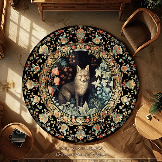 May include: Round black area rug with a central image of a fox surrounded by foliage. The fox is in a forest setting, framed by a floral border in shades of red, orange, and blue. The rug has the text "INK & SHADOW Original Fine Art Rugs".