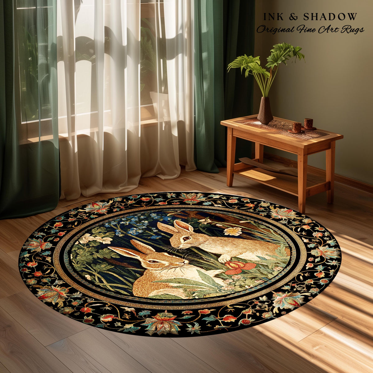 Bunnies in the Woodland Rug | Spring Bunnies Room Decor William Morris Inspired Forest Aesthetic Fairycore Bedroom Floral Bunny Victorian