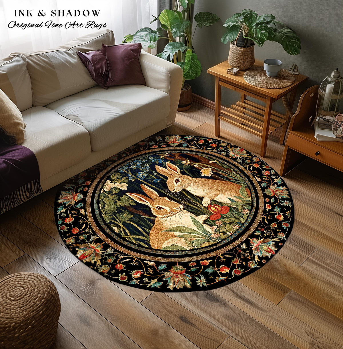 Bunnies in the Woodland Rug | Spring Bunnies Room Decor William Morris Inspired Forest Aesthetic Fairycore Bedroom Floral Bunny Victorian