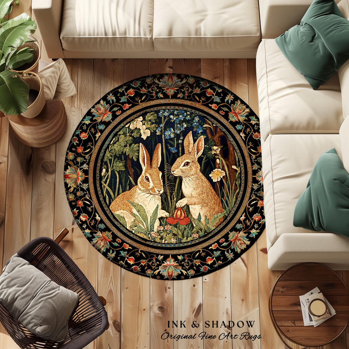 Bunnies in the Woodland Rug | Spring Bunnies Room Decor William Morris Inspired Forest Aesthetic Fairycore Bedroom Floral Bunny Victorian