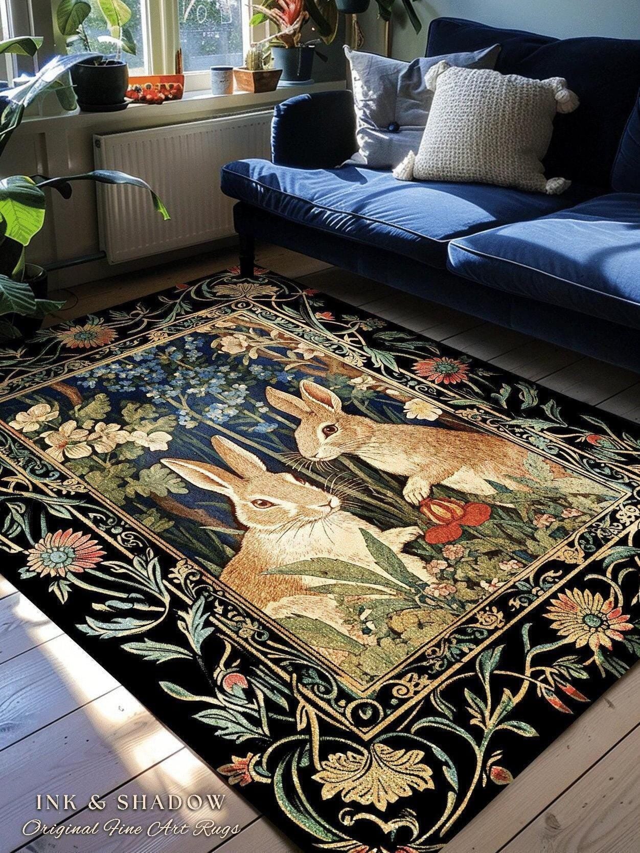 Bunnies in the Woodland Rug | Spring Bunnies Room Decor William Morris Inspired Forest Aesthetic Fairycore Bedroom Floral Bunny Victorian