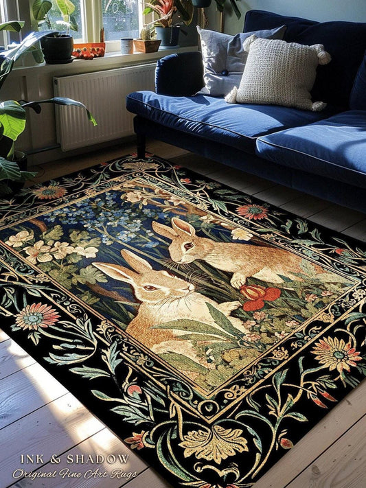 Bunnies in the Woodland Rug | Spring Bunnies Room Decor William Morris Inspired Forest Aesthetic Fairycore Bedroom Floral Bunny Victorian