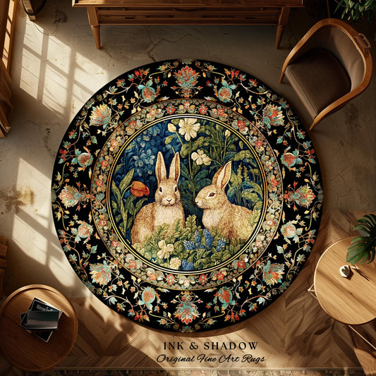 Cottagecore Bunnies Spring Rug | Woodland Room Decor William Morris Inspired Forest Aesthetic Fairycore Bedroom Floral Bunny Victorian Art