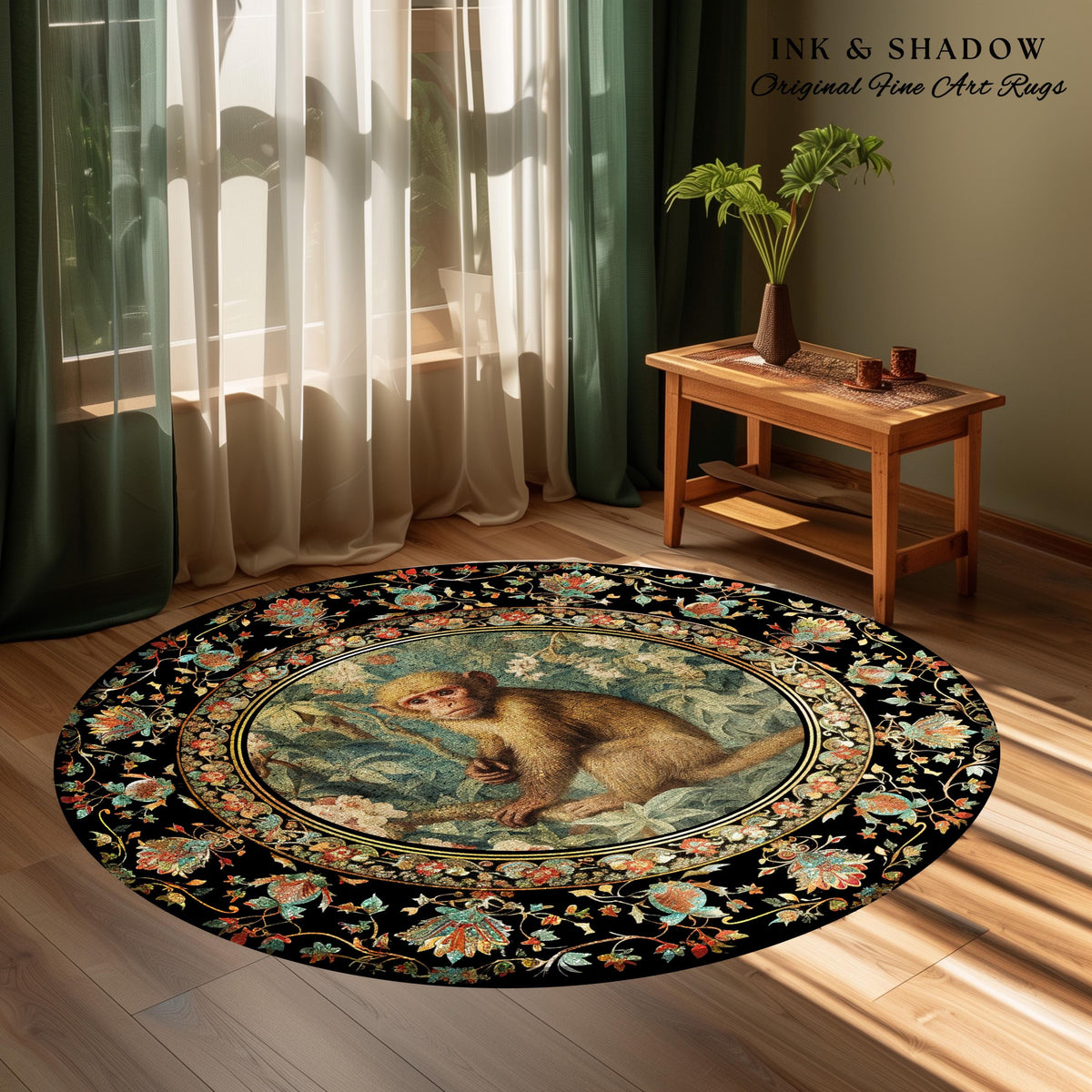 Boho Gothic Monkey Botanical Rug Room Decor Goth Cottagecore Aesthetic | Dark Forest Fairycore Grunge Room Decor Animals Round Bohemian Rug