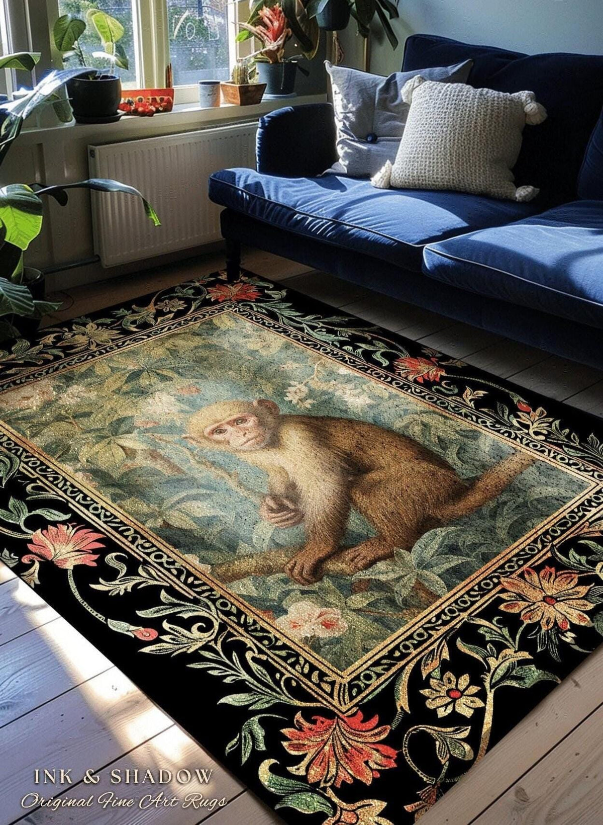 Boho Gothic Monkey Botanical Rug Room Decor Goth Cottagecore Aesthetic | Dark Forest Fairycore Grunge Room Decor Animals Round Bohemian Rug