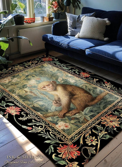 Boho Gothic Monkey Botanical Rug Room Decor Goth Cottagecore Aesthetic | Dark Forest Fairycore Grunge Room Decor Animals Round Bohemian Rug