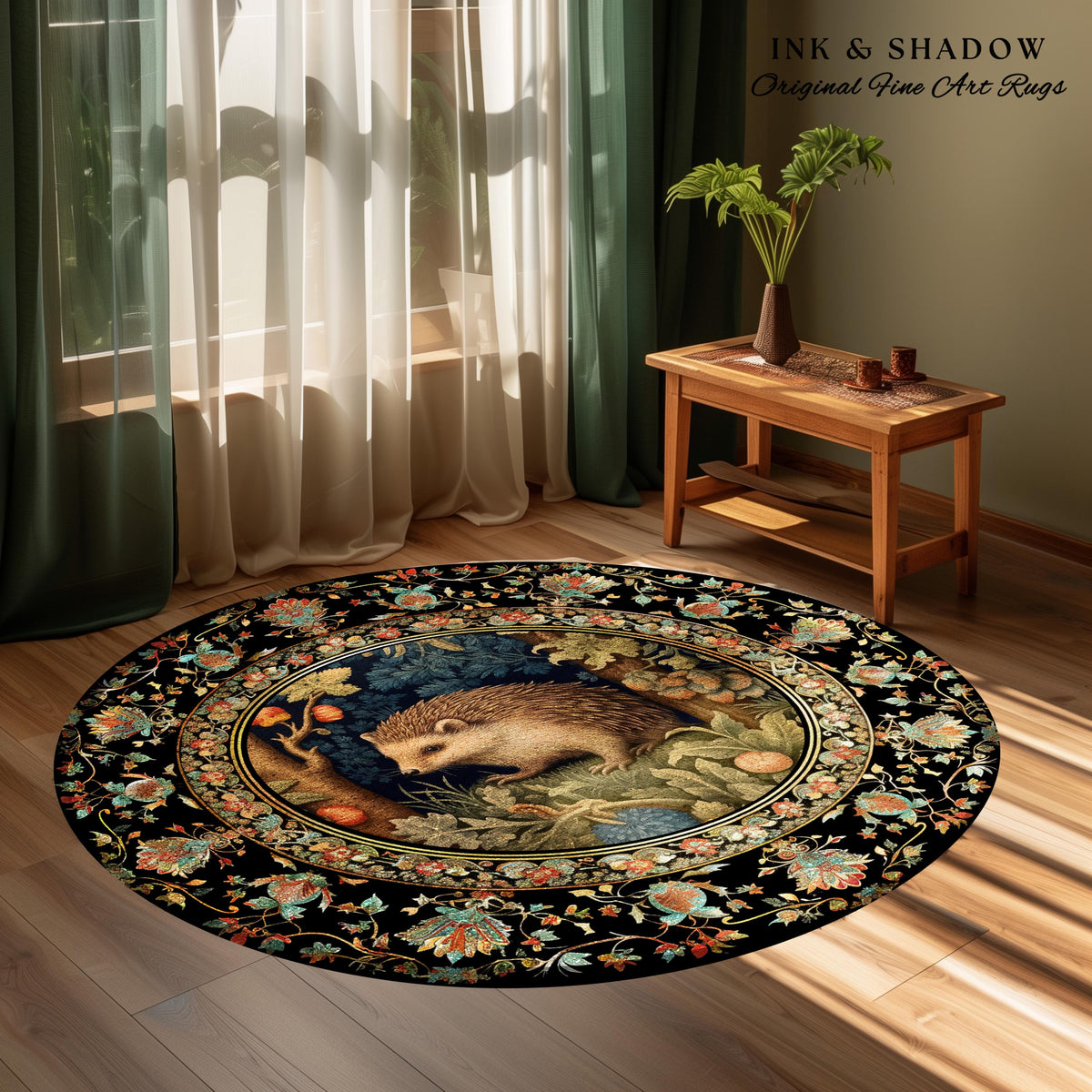 Hedge Hog Lover Botanical Rug | Forestcore Decor Cottagecore Reading Corner Accent Rug Dark Fairycore Room Mystical Woodland Hedgehog Gift |