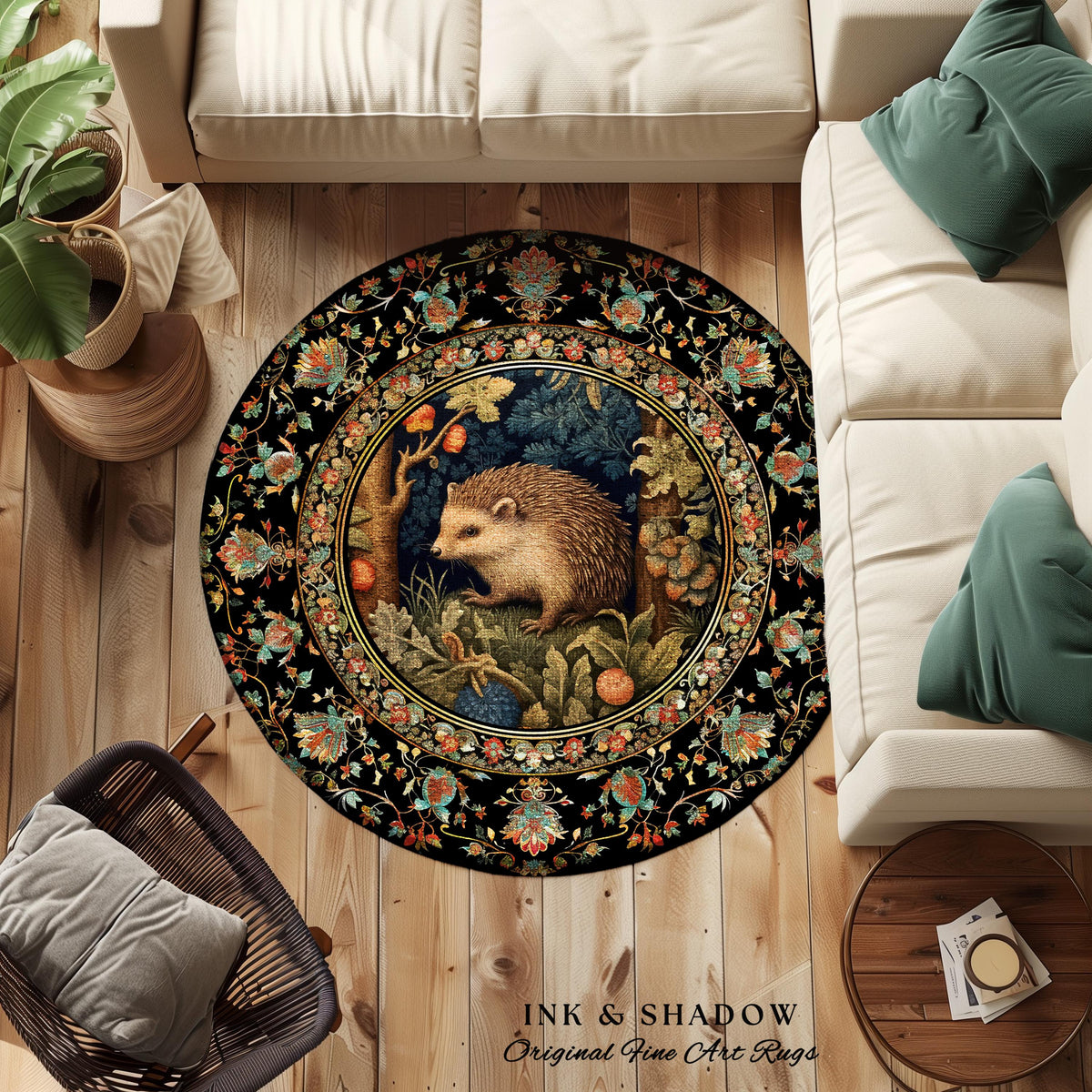 Hedge Hog Lover Botanical Rug | Forestcore Decor Cottagecore Reading Corner Accent Rug Dark Fairycore Room Mystical Woodland Hedgehog Gift |