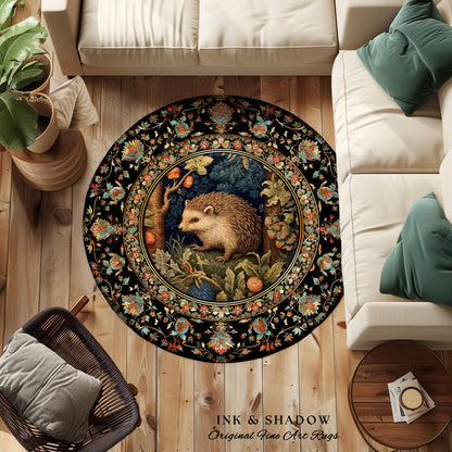 Hedge Hog Lover Botanical Rug | Forestcore Decor Cottagecore Reading Corner Accent Rug Dark Fairycore Room Mystical Woodland Hedgehog Gift |