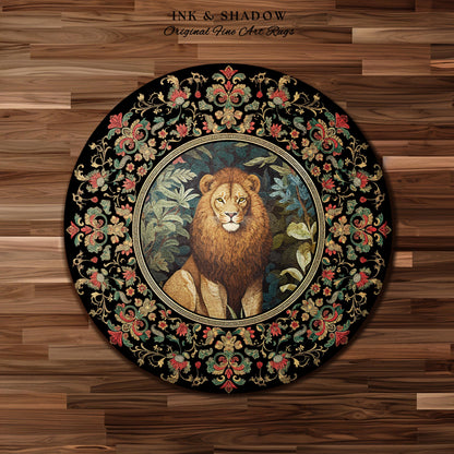 Lion Area Rug Botanical | Nature Inspired Room Decor William Morris Style Aesthetic Fairycore Boho Bedroom Rug Jungle Leopard Dark Floral