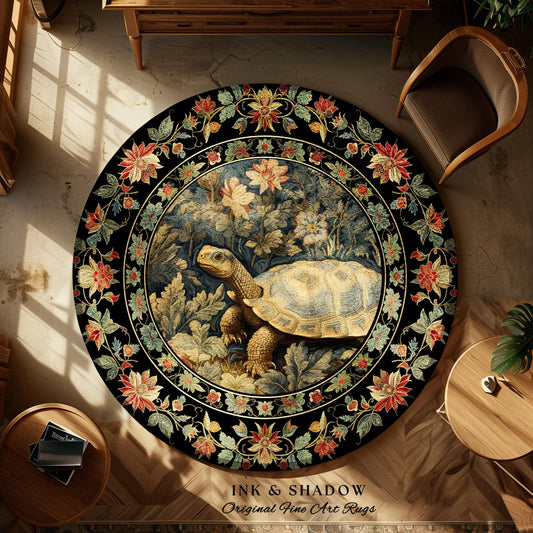 May include: Round area rug with a detailed turtle design in the center, surrounded by a floral border. The rug features a black background with colorful flowers and foliage. The text "INK & SHADOW Original Fine Art Rugs" is at the bottom.