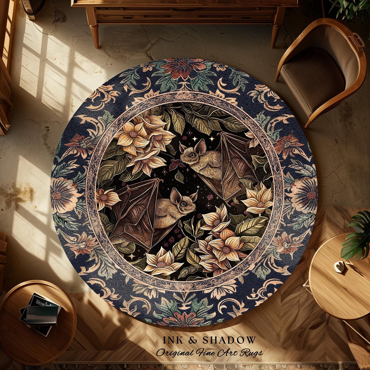May include: Round area rug with a dark blue border featuring floral and scrollwork patterns. The center design showcases bats, flowers, and foliage. The rug has the text "INK & SHADOW Original Fine Art Rugs" at the bottom.