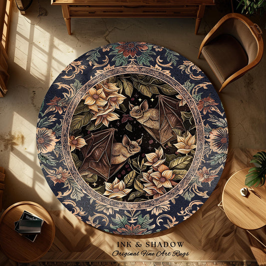 May include: Round area rug with a dark blue border featuring floral and scrollwork patterns. The center design showcases bats, flowers, and foliage. The rug has the text "INK & SHADOW Original Fine Art Rugs" at the bottom.