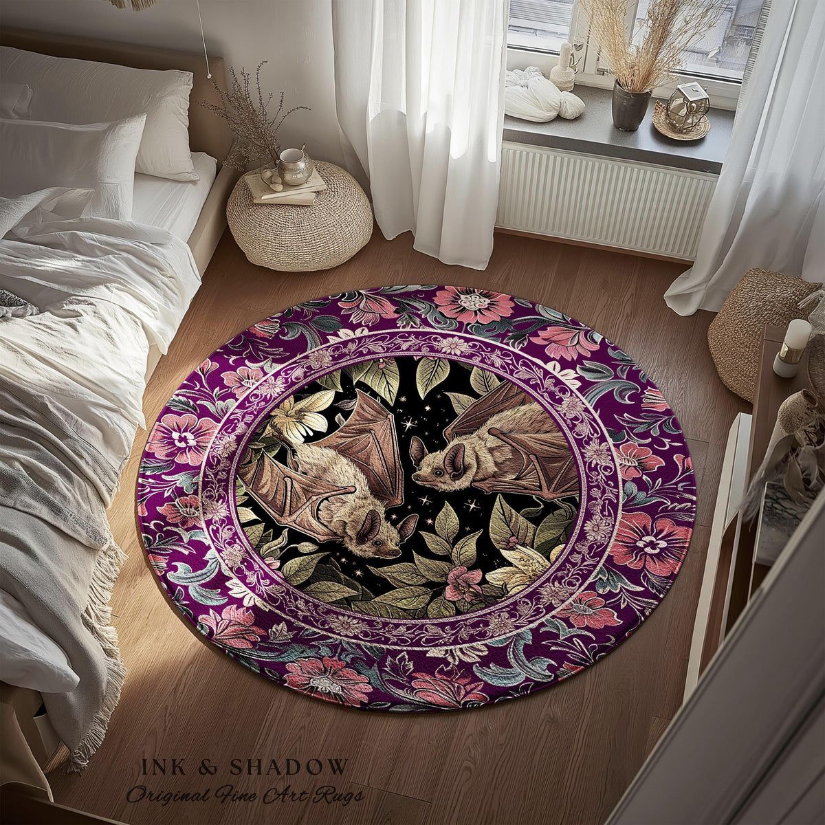 Romantic Victorian Gothic Bat Lovers Rug Whimsical Dark Floral Baroque Forestcore | Ethereal Botanical Whimsical Woodland Cottagecore Decor