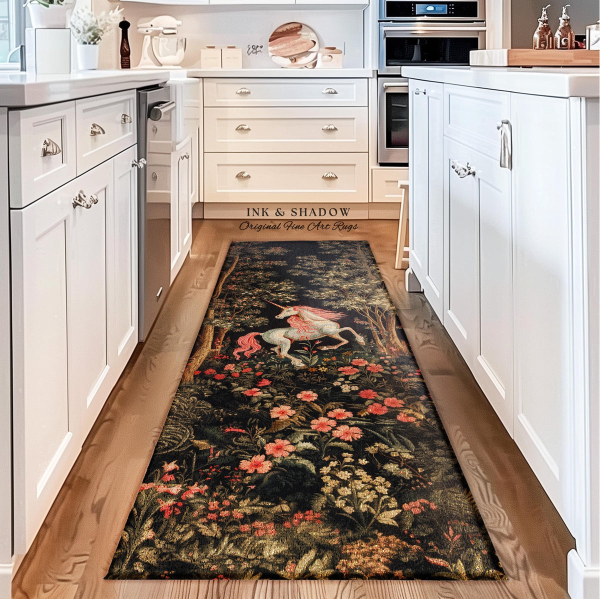Whimsical Floral Unicorn Runner Rug Woodland Magical Folklore Aesthetic | Mythical Creatures Enchanted Forest Boho Dark Cottagecore Decor