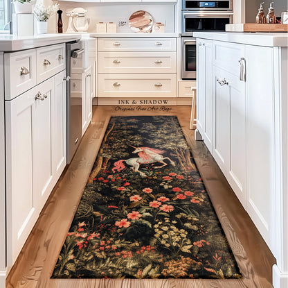 Whimsical Floral Unicorn Runner Rug Woodland Magical Folklore Aesthetic | Mythical Creatures Enchanted Forest Boho Dark Cottagecore Decor