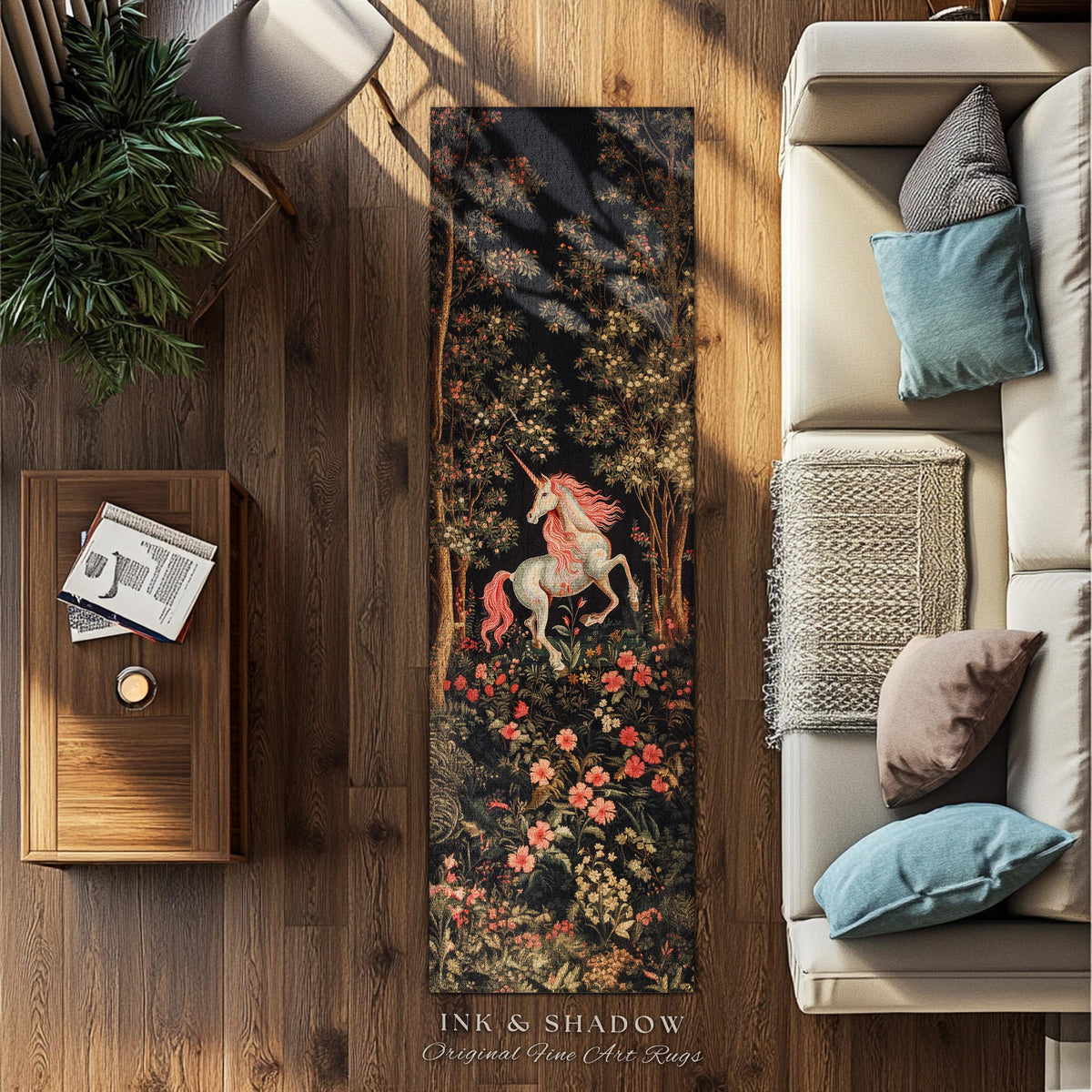 Whimsical Floral Unicorn Runner Rug Woodland Magical Folklore Aesthetic | Mythical Creatures Enchanted Forest Boho Dark Cottagecore Decor