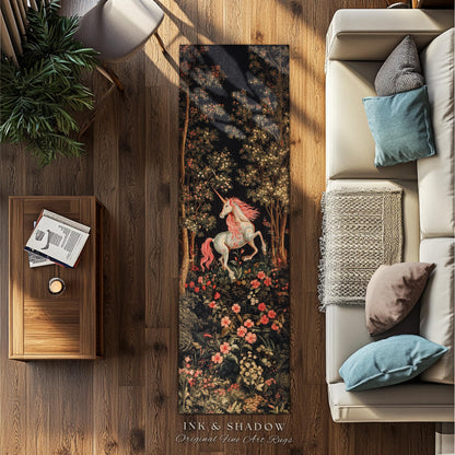 Whimsical Floral Unicorn Runner Rug Woodland Magical Folklore Aesthetic | Mythical Creatures Enchanted Forest Boho Dark Cottagecore Decor