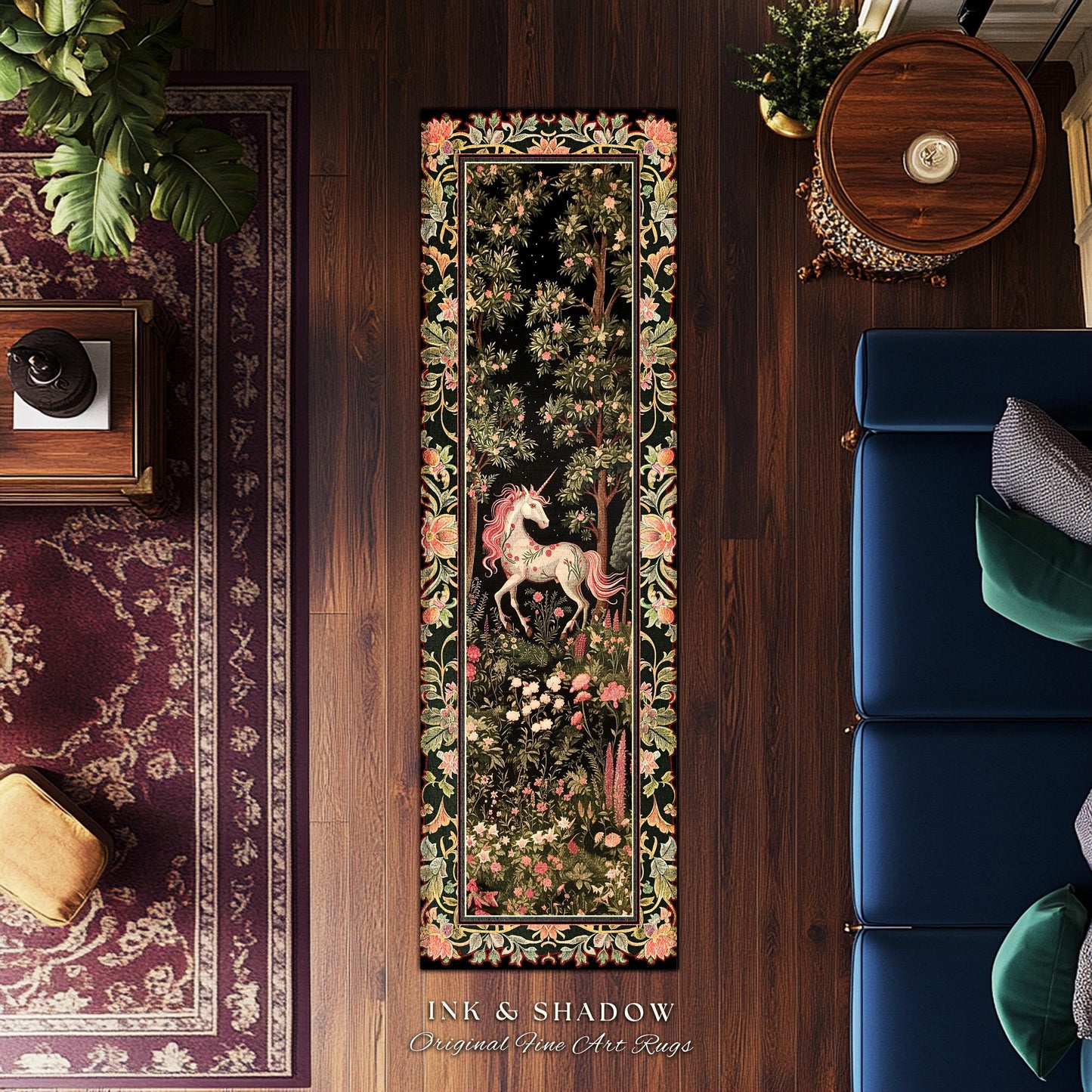 Enchanted Forest Unicorn Floral Runner Rug Mystical Medieval Style Romantic Renaissance Baroque Art, Vintage Fairycore Wildflower Home Decor