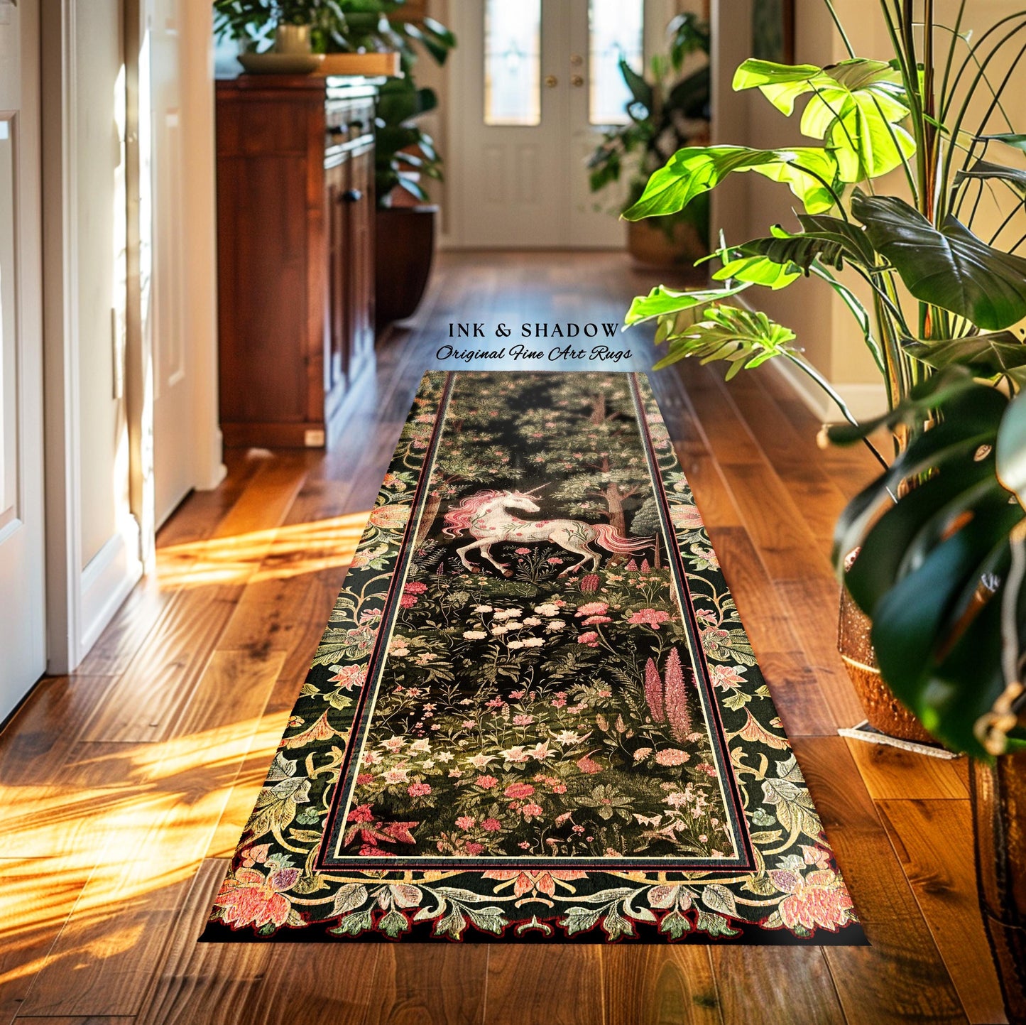 Enchanted Forest Unicorn Floral Runner Rug Mystical Medieval Style Romantic Renaissance Baroque Art, Vintage Fairycore Wildflower Home Decor