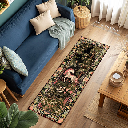 Enchanted Forest Unicorn Floral Runner Rug Mystical Medieval Style Romantic Renaissance Baroque Art, Vintage Fairycore Wildflower Home Decor
