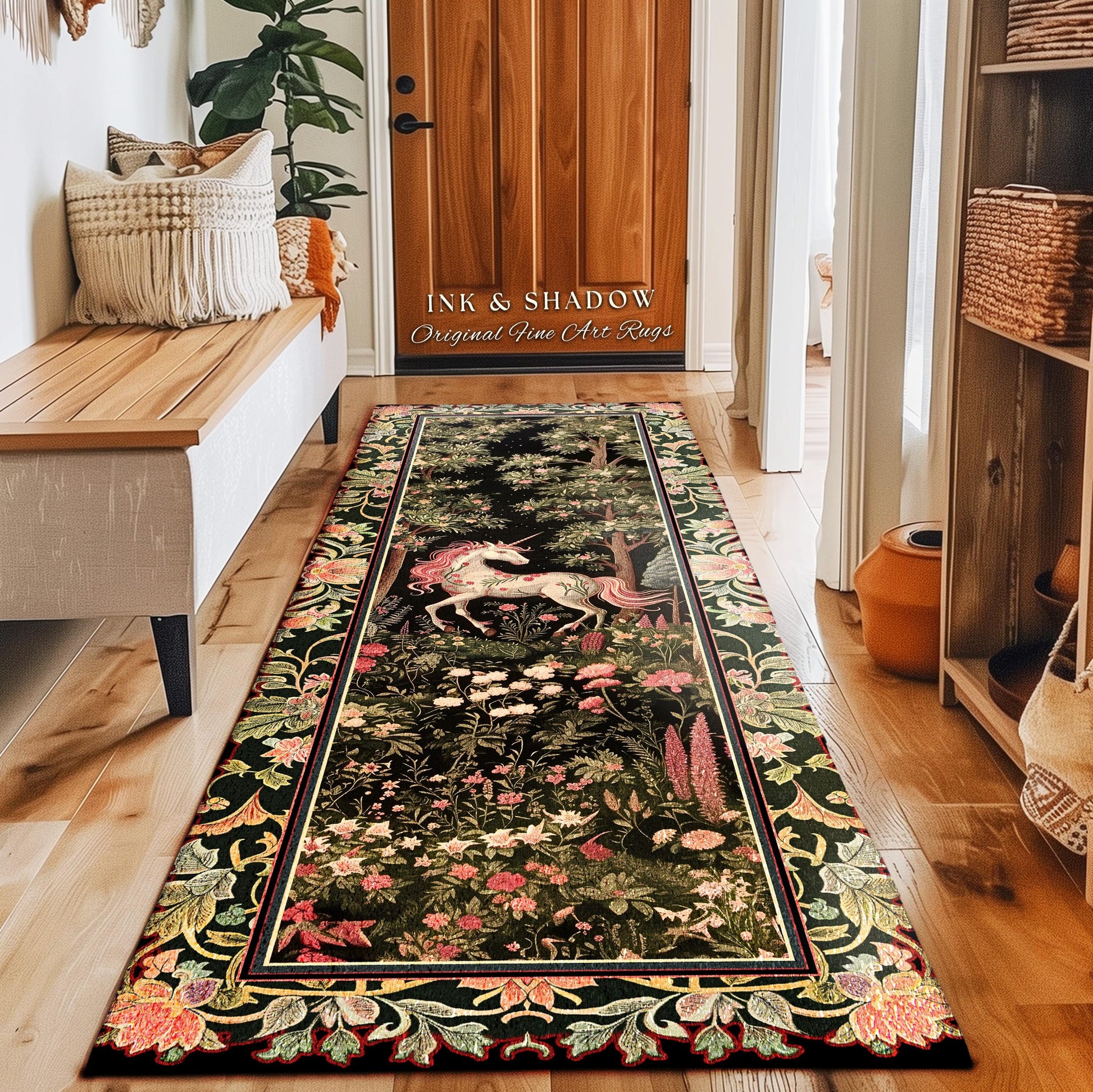 Enchanted Forest Unicorn Floral Runner Rug Mystical Medieval Style Romantic Renaissance Baroque Art, Vintage Fairycore Wildflower Home Decor