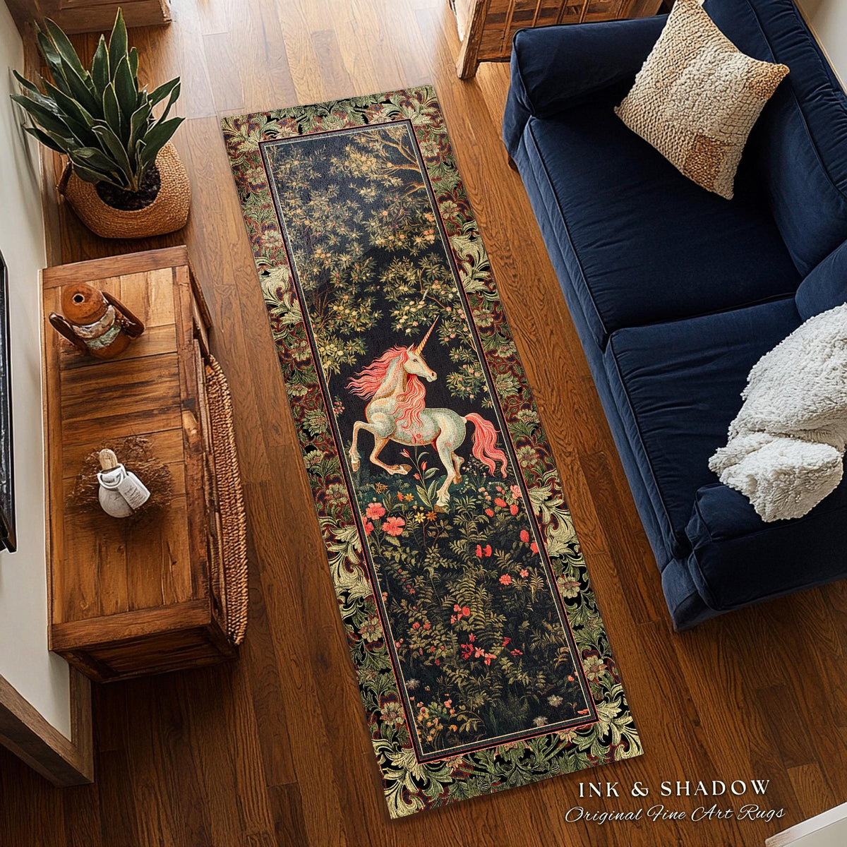 Whimsical Enchanted Unicorn Runner Rug Victorian Gothic Dark Cottagecore Decor, Renaissance Folklore Accent Baroque Fairytale Aesthetic Home