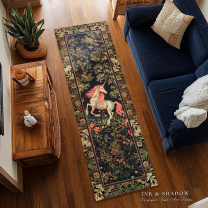 Whimsical Enchanted Unicorn Runner Rug Victorian Gothic Dark Cottagecore Decor, Renaissance Folklore Accent Baroque Fairytale Aesthetic Home