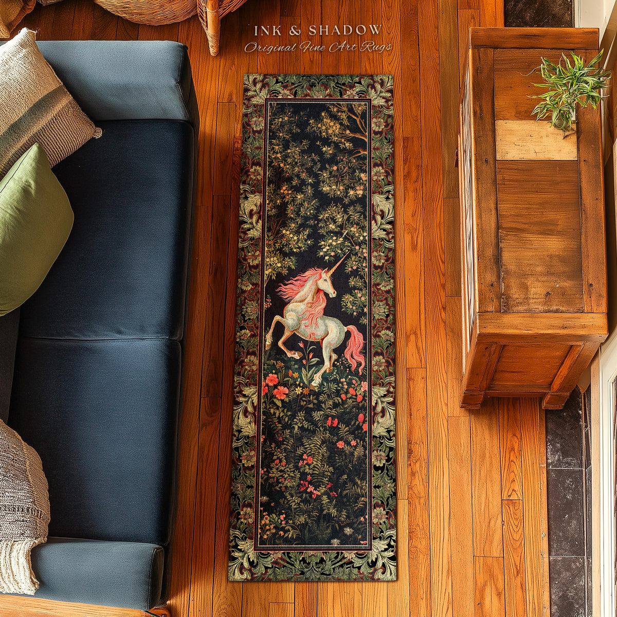 Whimsical Enchanted Unicorn Runner Rug Victorian Gothic Dark Cottagecore Decor, Renaissance Folklore Accent Baroque Fairytale Aesthetic Home