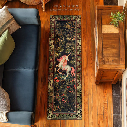 Whimsical Enchanted Unicorn Runner Rug Victorian Gothic Dark Cottagecore Decor, Renaissance Folklore Accent Baroque Fairytale Aesthetic Home