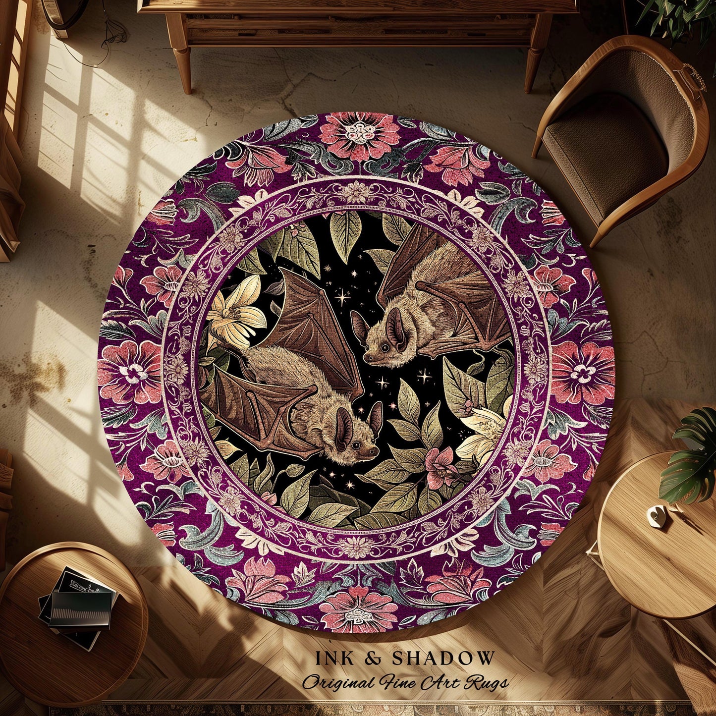 Romantic Victorian Gothic Bat Lovers Rug Whimsical Dark Floral Baroque Forestcore | Ethereal Botanical Whimsical Woodland Cottagecore Decor