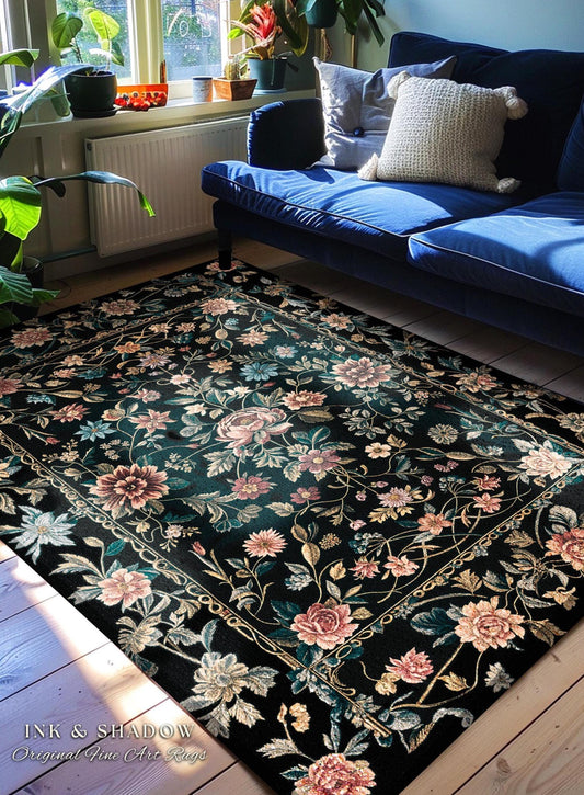 Dark Cottagecore Floral Accent Rug | Victorian Botanical Ornamental Romantic Heritage Floor Decor Maximalist Moody Flower Folk Art Motif