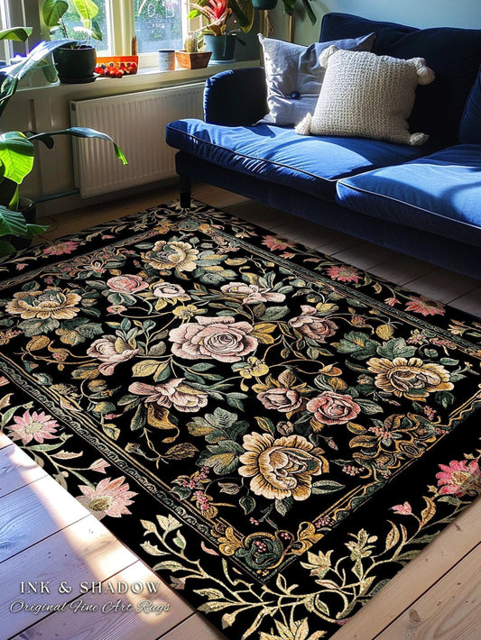Antique Rose Aesthetic Rug Victorian Floral Dark Academia Decorative Rug Pink Rose Flower Dark Cottagecore Vintage Floral Housewarming Gift