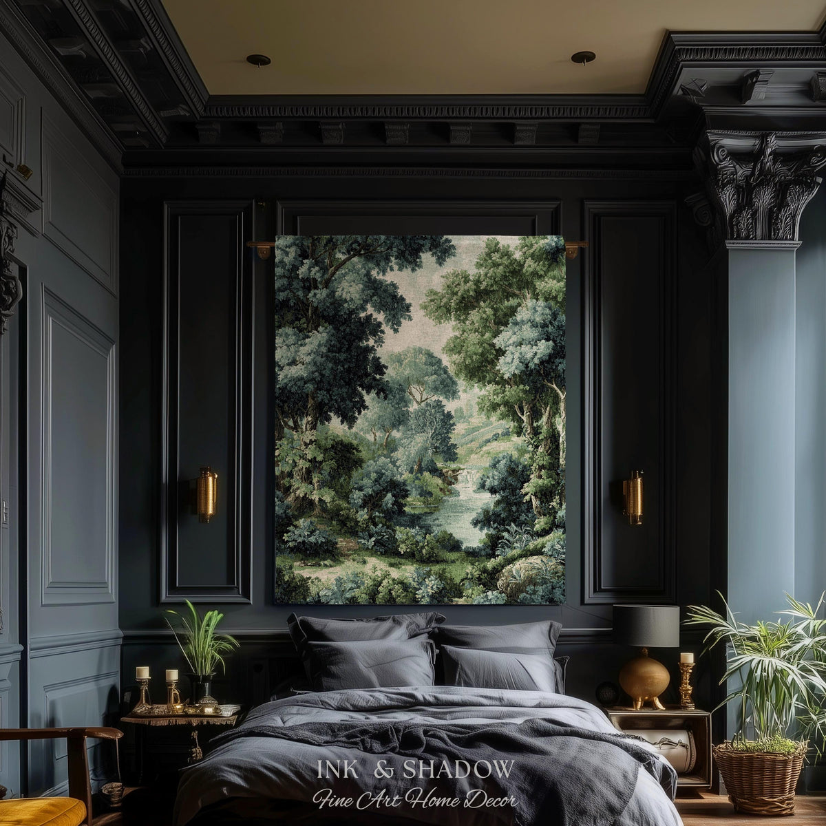 Verdant Forest Stream Landscape Woven Tapestry Wall Art | Romantic Woodland Waterway Scenic Verdure Nature Textile Traditional Home Decor