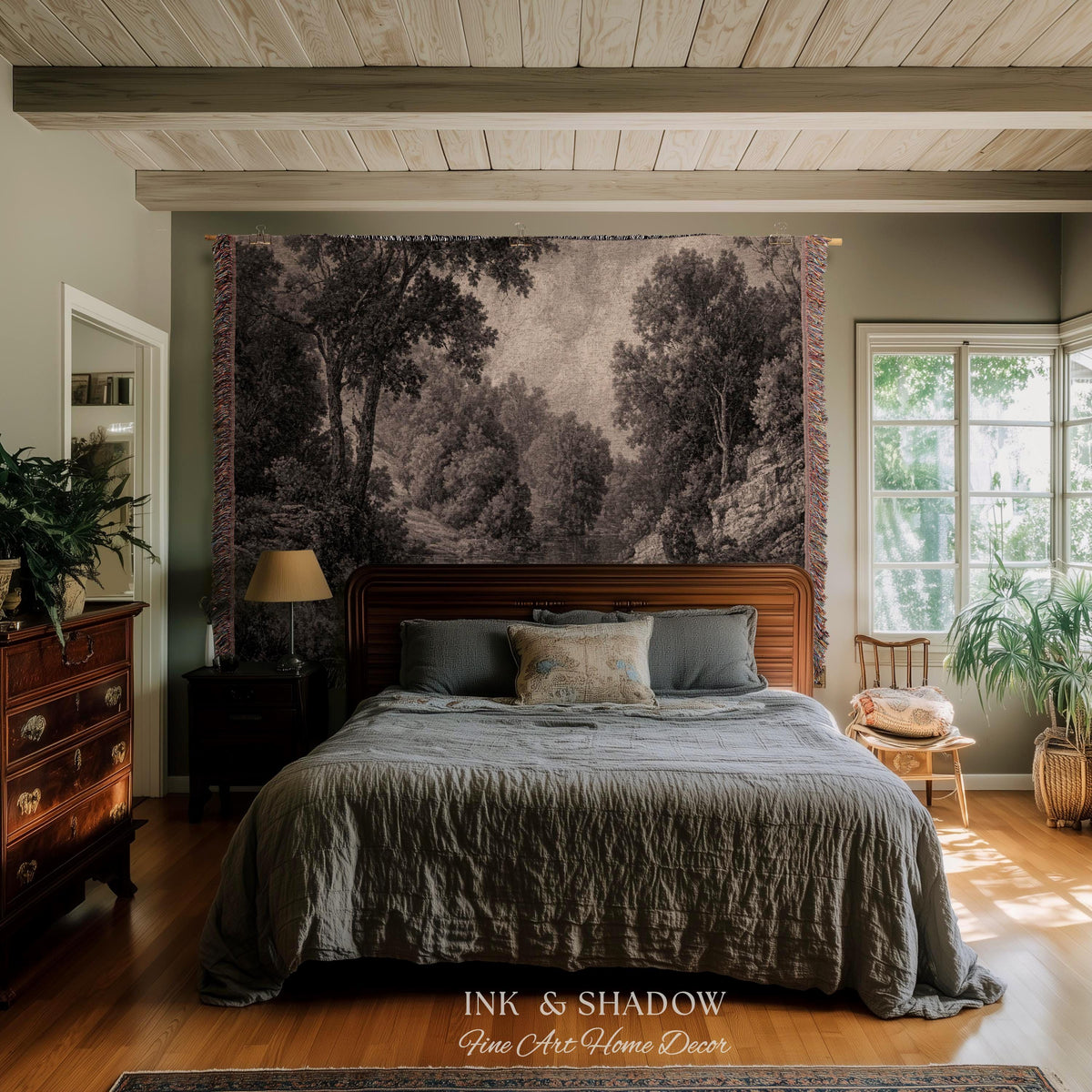 Monochromatic Mountain Lake Landscape Tapestry Wall Art | Neutral Tonal Old World Woodland Valley Waterway Woven Textile Traditional Decor